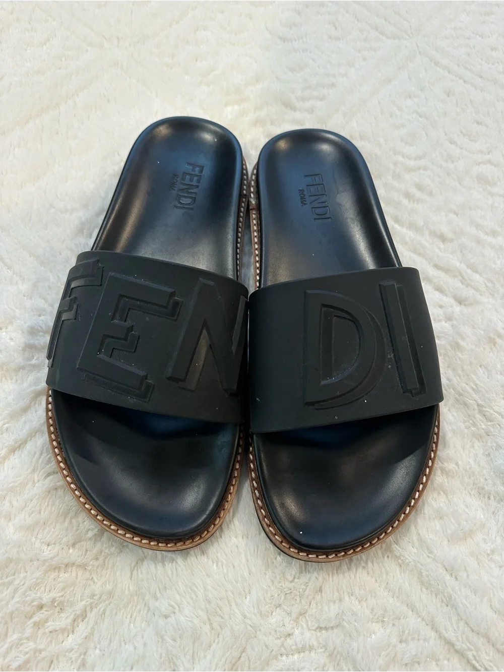 Fendi Black Rubber Logo Slide Sandals with Brown Trim
